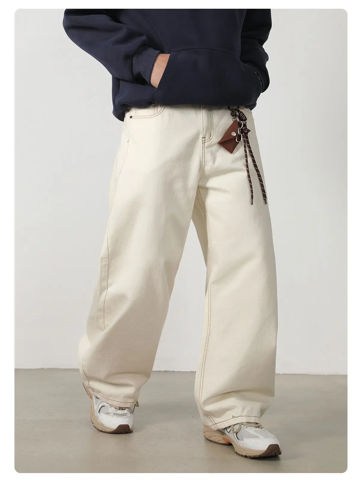 Herbstliche 100% Baumwoll-Twill-Denim-Jeans mit geradem, lockerem Schnitt für Männer und Frauen, High-Street-Baggy-Y2K-Hose in Beige-Weiß mit weitem Bein – Detail 16