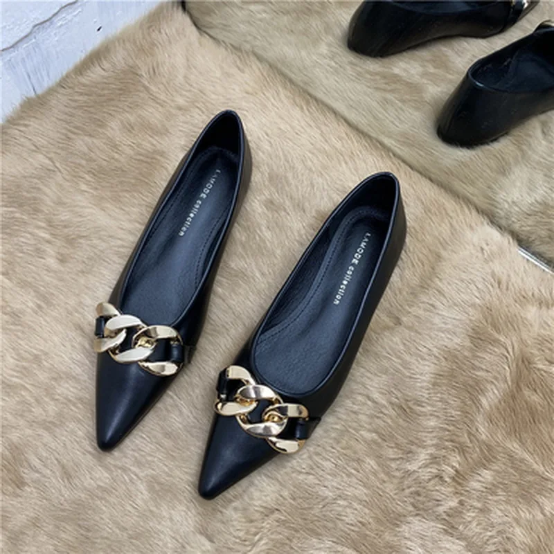 2022 New Spring Autumn Pointed Toe Women Flats Metal Chain Shallow Slip On Flat Heel Comfortable Work Shoes Ladies Shoes Woman