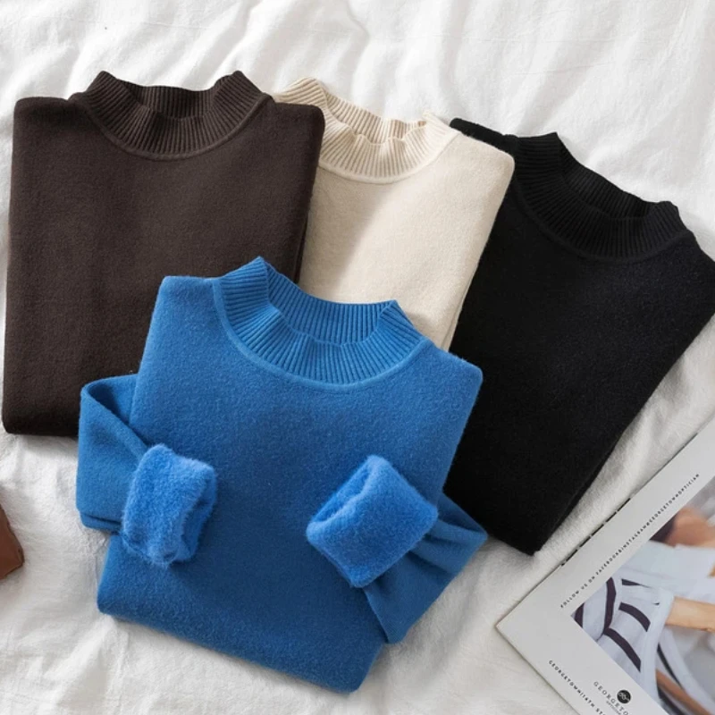 

Новый женский свитер, осенне-зимний интегрированный флисовый полуводолазка, повседневная облегающая рубашка, трикотаж, женский свитер