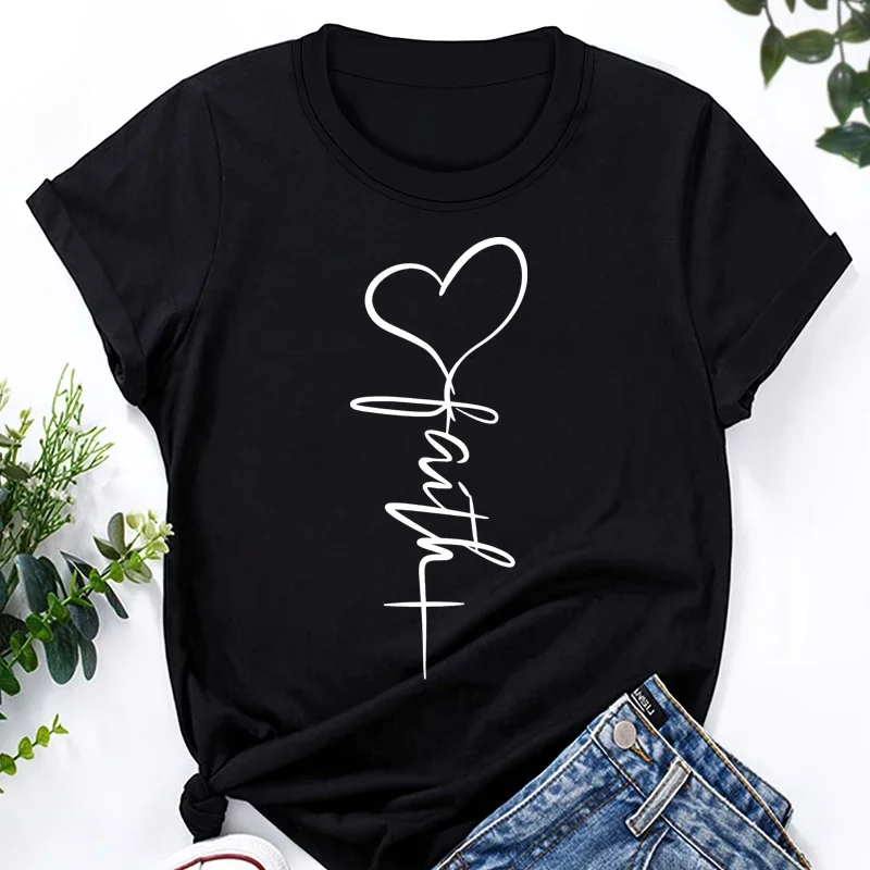 여성 캐주얼 슬리브 크루 넥 새로운 패션 러브 하트 프린트 티셔츠 90's 여름 반팔 하라주쿠 streetwear 탑 티셔츠