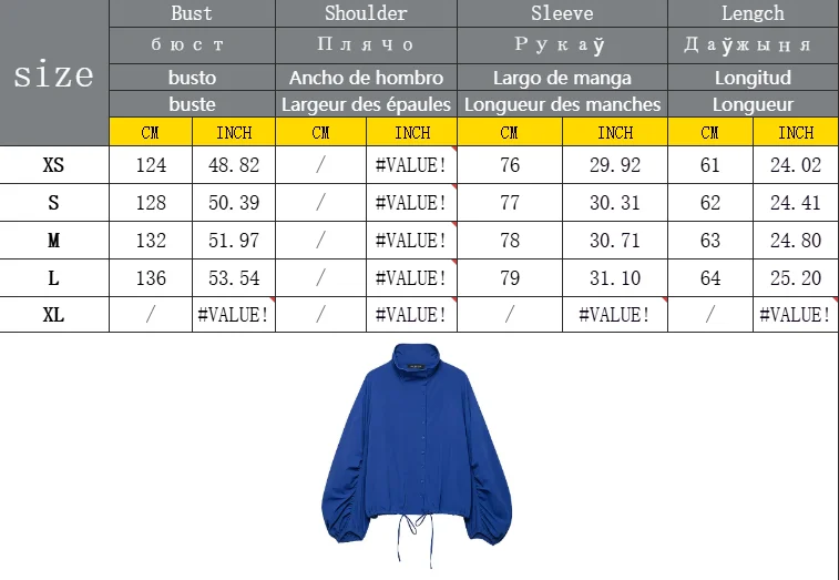 Damen Vintage Blaue Einreihige Jacken Damen 2026 Herbst Neue Schicke Lässige Faltenärmel Stehkragen Mäntel High-Street Damen Oberteil – Detail 1