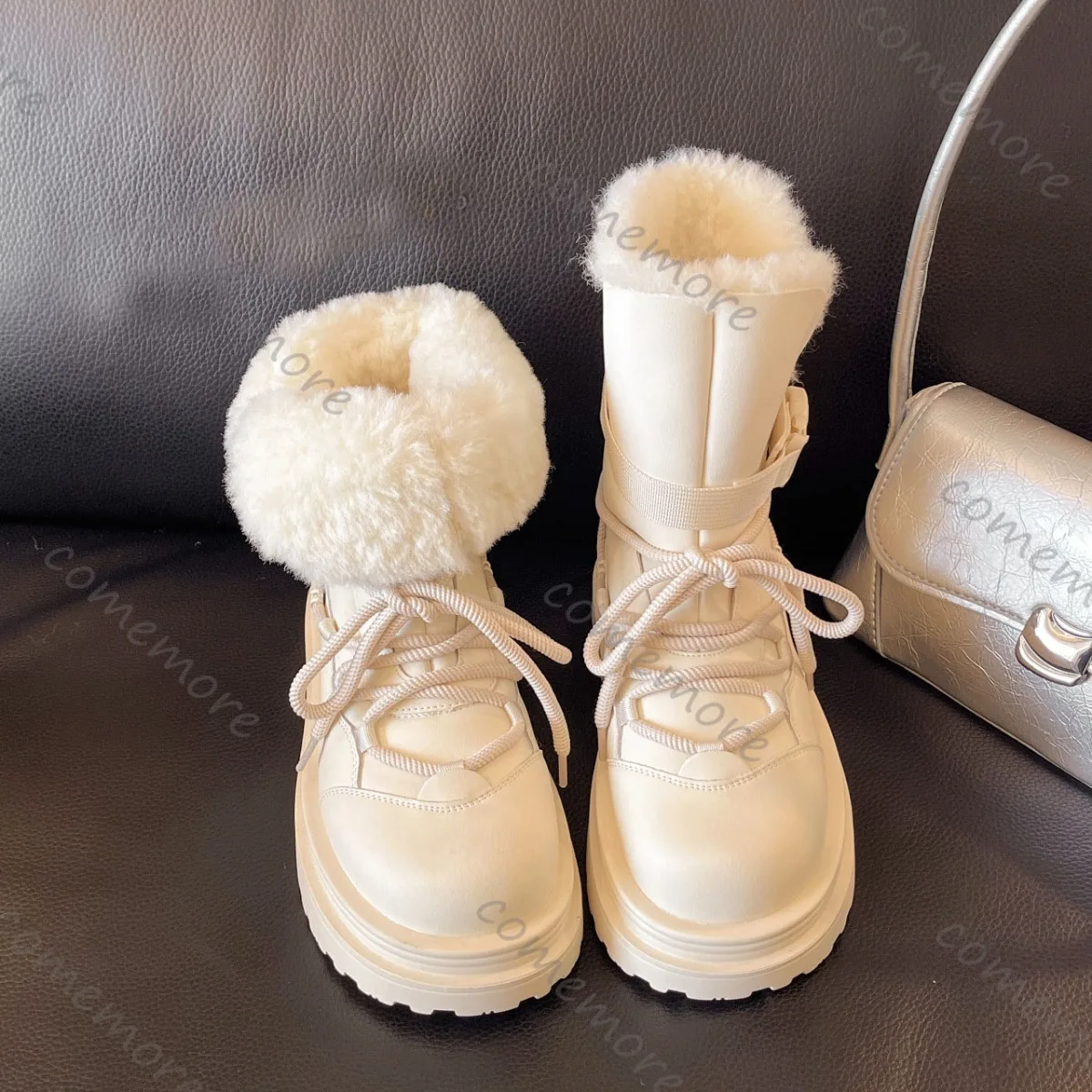 

Comemore Thermal Winter Boots for Women Beige Platform Lace-Up Padded Thickened Cotton Shoes Heightened Fashion Ankle Boots