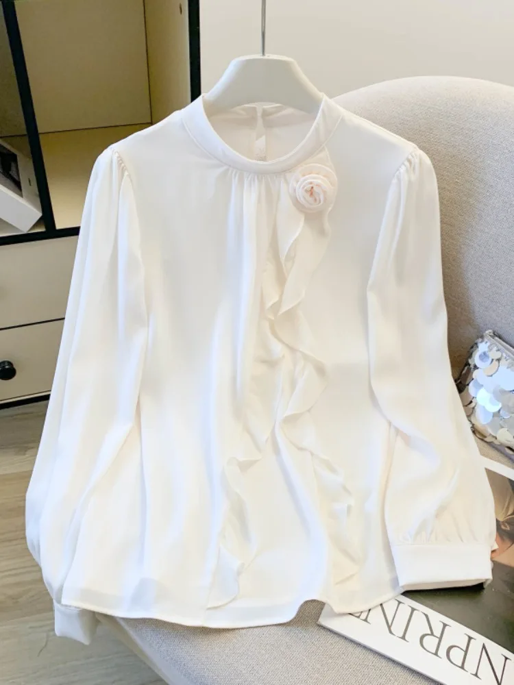 

3D Floral Long Sve Casual irt Women's Spring 2026 New High-End Profional Sle Straight Cut Polyester Blend irt