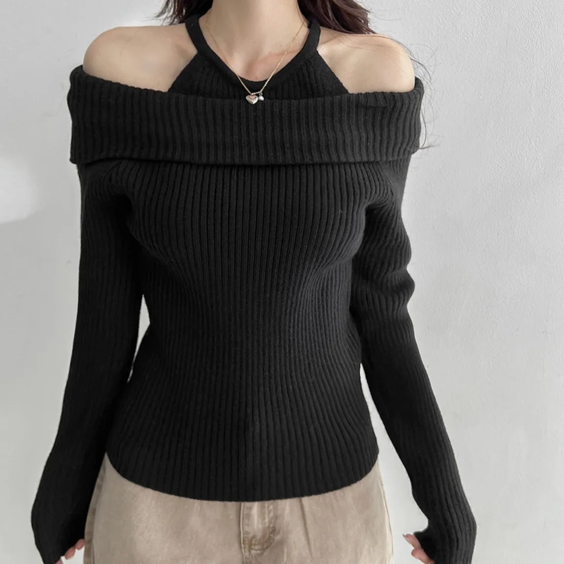 

Женский длинный вязаный свитер Sve oulder Bared Ne Hanging, осень-зима, корейский Sle, искусственный двухсекционный базовый светильник