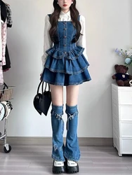 2023 Autumn Camisole Jean Dress Sleeveless Denim Slim Vintage Y2k Mini Dress Women 3 Piece Dress Set Korean Fashion Clothing