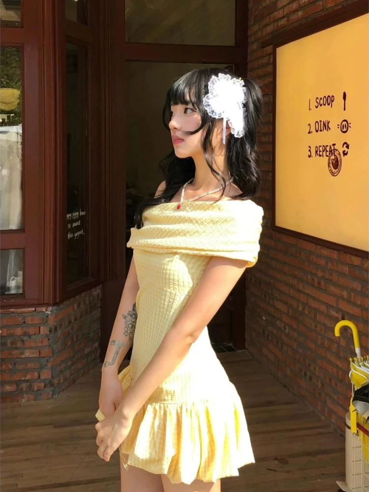 

HOUZHOU Sweet Elegant Bodycon Mini Dresses Women Off Shoulder Korean Style Butter Yellow Plaid Ruffles Dresses Y2k Harajuku