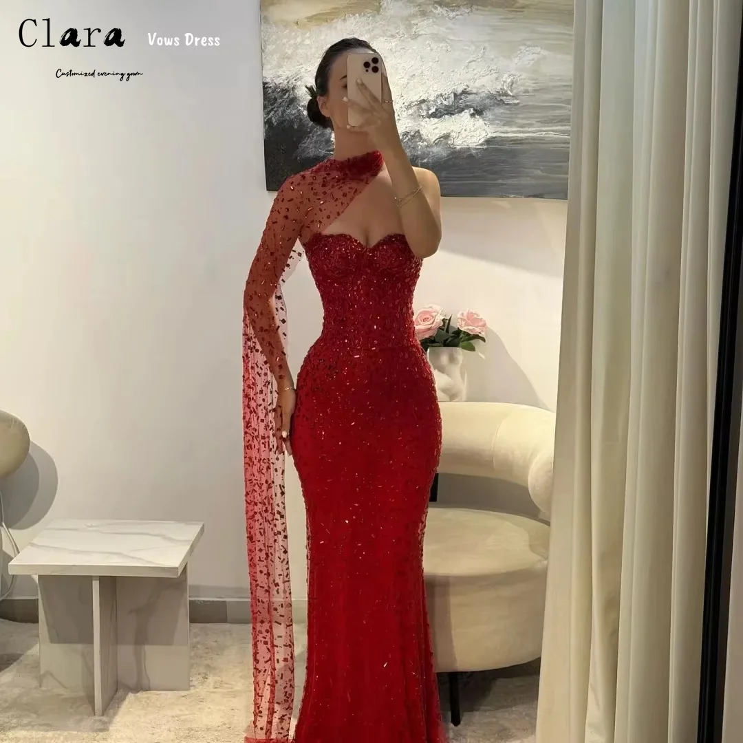 Clara personalizado lentejuelas rojas sin hombros diamantes de imitación vestido de baile para mujer vestidos largos elegantes vestidos de fiesta de noche vestido largo de graduación
