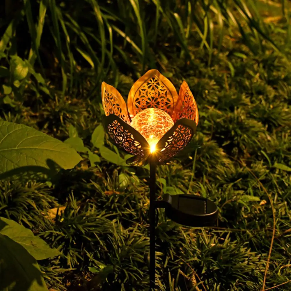 

Lotus Shaped Solar Powered Lamp Hollow Out Design Waterproof Outdoor Lighting Fixture LED Flower Iron Ground Plug Street Lamp