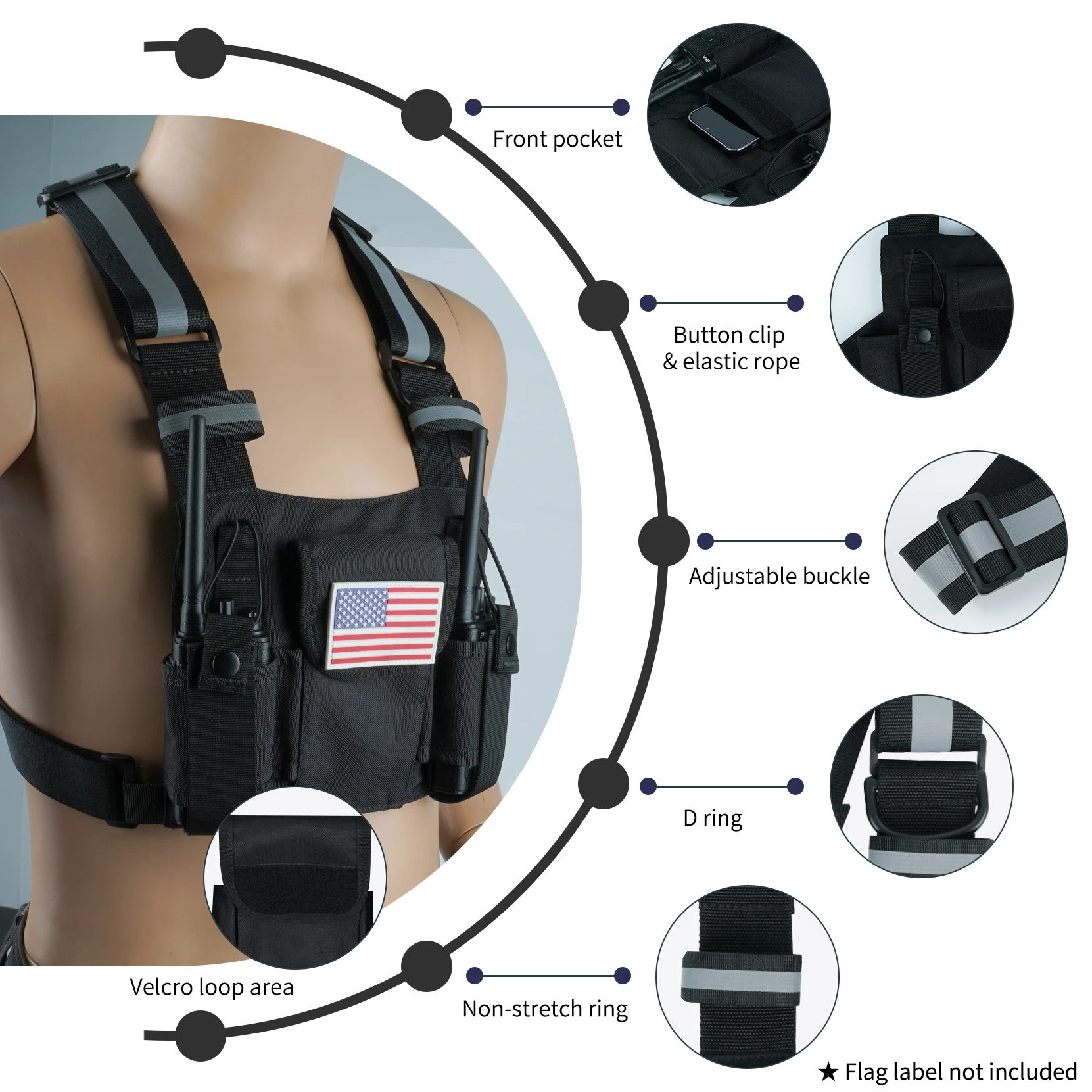 KUNN Radio Harness dengan Tali Reflektif, Micro Rig Harness Chest Pack Rompi Taktis Tas Sarung Radio