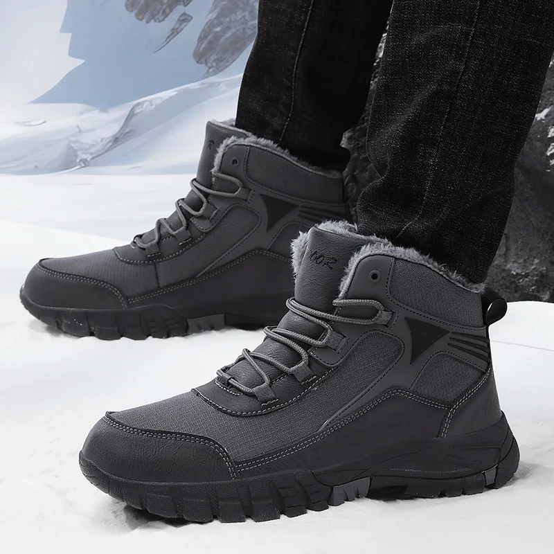 Boots for Men Warm 2023 Winter New Fur Shoes Men Sneaker Rubber Hiking Shoe  Fashion Casual Waterproof Leather Hiking Boots