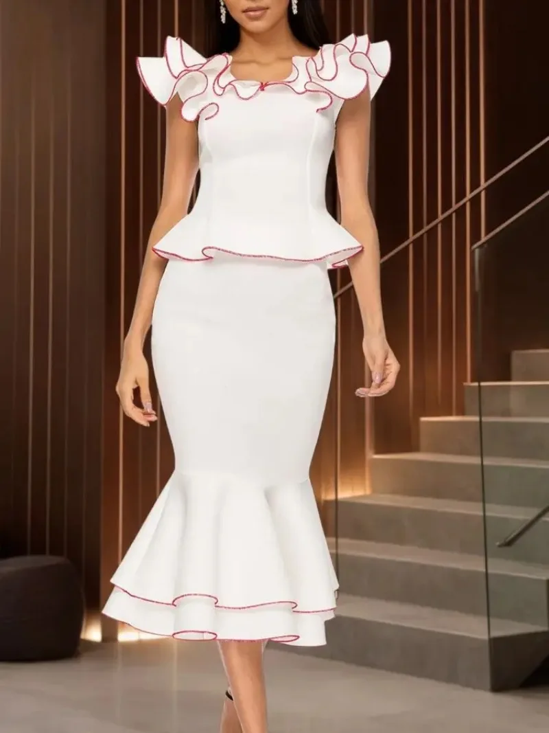 

African Two Pieces Sets Ruffles Sleeveless Mid-calf Bodycon Skirts Office Ladies Work Business Party Suit Event Wedding Guest