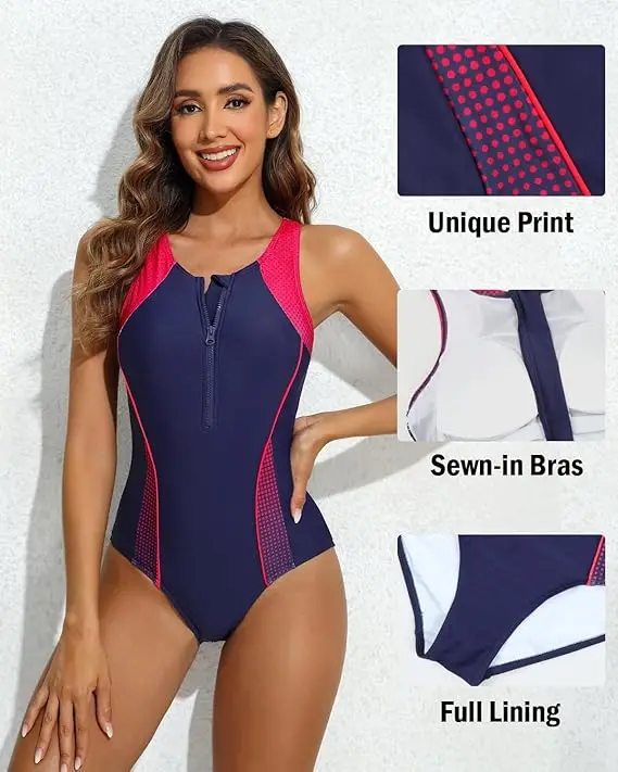 Anfilia Women One-piece Sports Swimsuit Front Zipper Design Color Block Quick Dry Swimwear Racerback Sewn-in Bra Bathing Suit