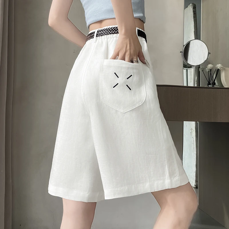 Casual Women Fashion Linen Solid Medium Pants Female High Waist Commuting Pockets Zipper Knee-length Summer Shorts with Liner