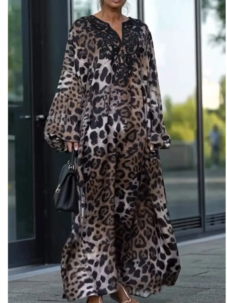 

Women Spring New Leopard Patchwork Simple Fashion Party Dress Autumn Lantern Sleeve Maxi Dress Elegant Print V Neck Ladies Dress
