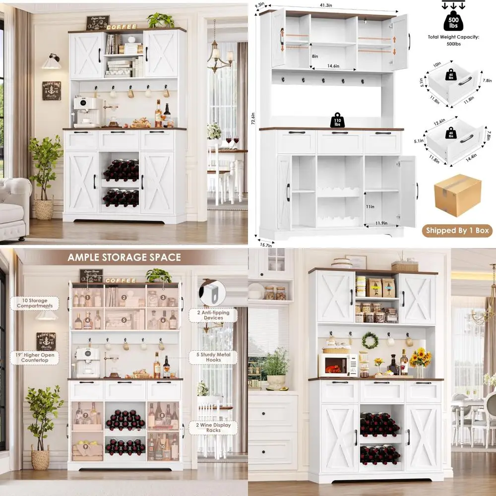 Armário de armazenamento de cozinha alto rústico com portas de celeiro, prateleiras, gavetas e gaiola de bar