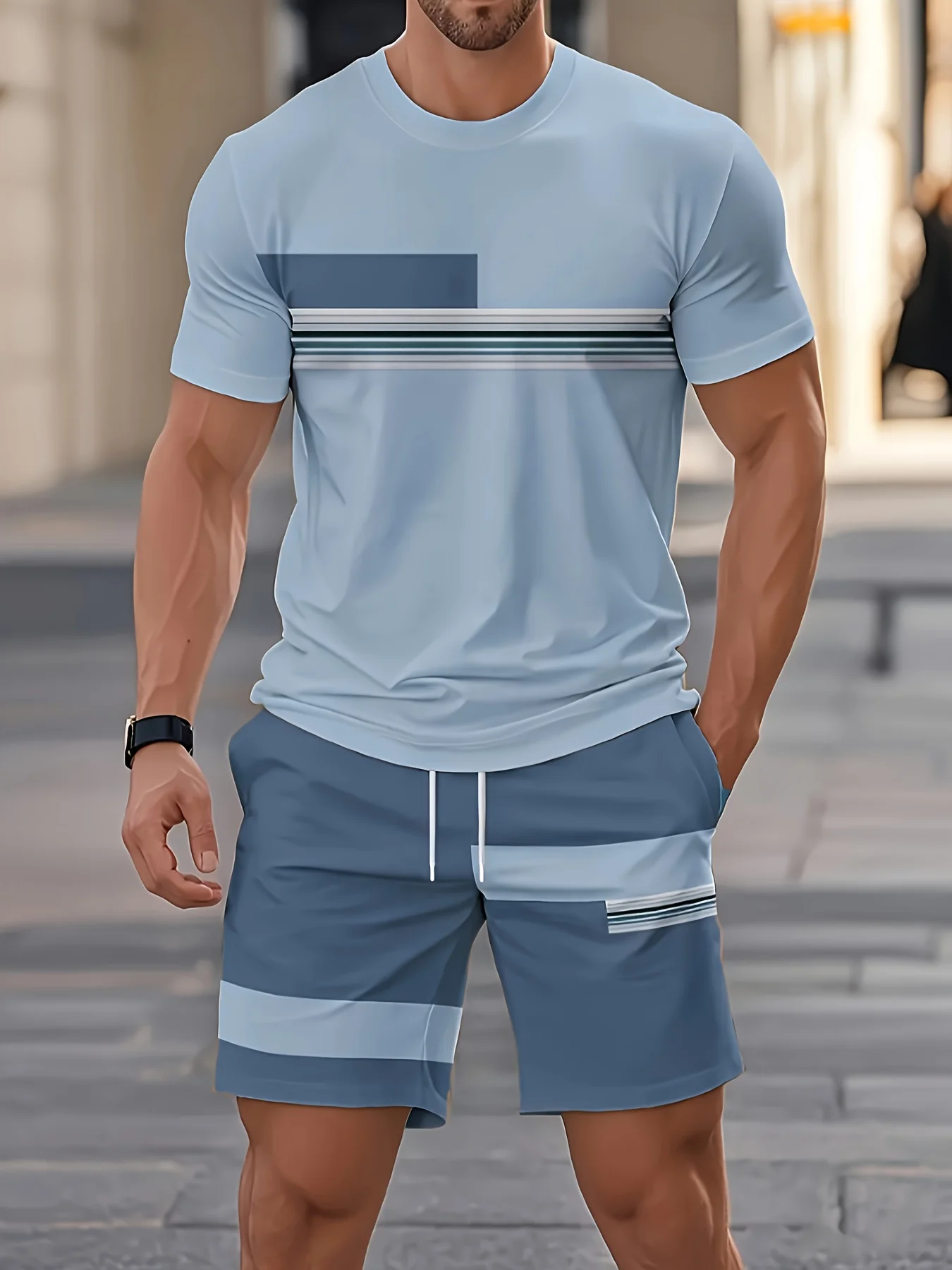 

Summer Men's Short Sleeve Shorts Sets Fashion Stripe Printed O-neck T-shirt Shorts Suit Loose Breathable Polyester Men Clothing