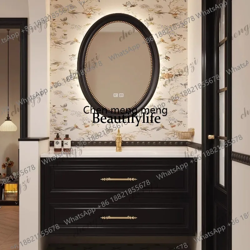 EE182 French Retro Solid Oak Lacquered Bathroom Wall Cabinet Luxury Light Sink Vanity Toilet Basin Washbasin Home Decor