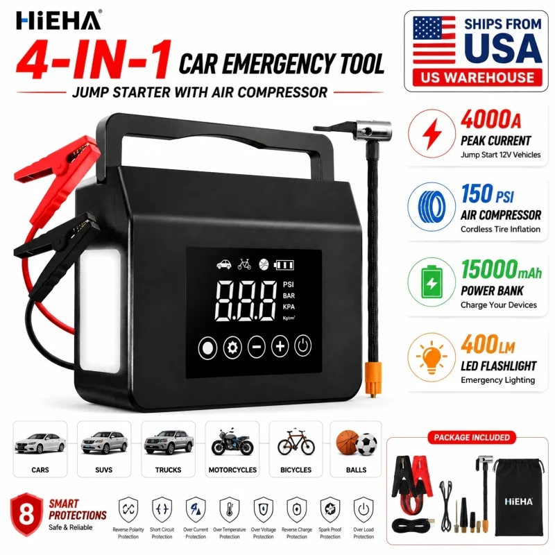 Jump Starter 4000A Portable Car Battery Booster with 150 PSI Air Compressor, 15000mAh 12V Vehicle Jump Starter Pack Tire Inflator Power Bank HIEHA L8
