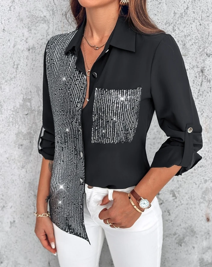 Women's Autumn Fashion New Retro Casual Shirt Roll Tab Sleeve Button Down Contrast Sequin Shirt Shipped Within 48 Hours