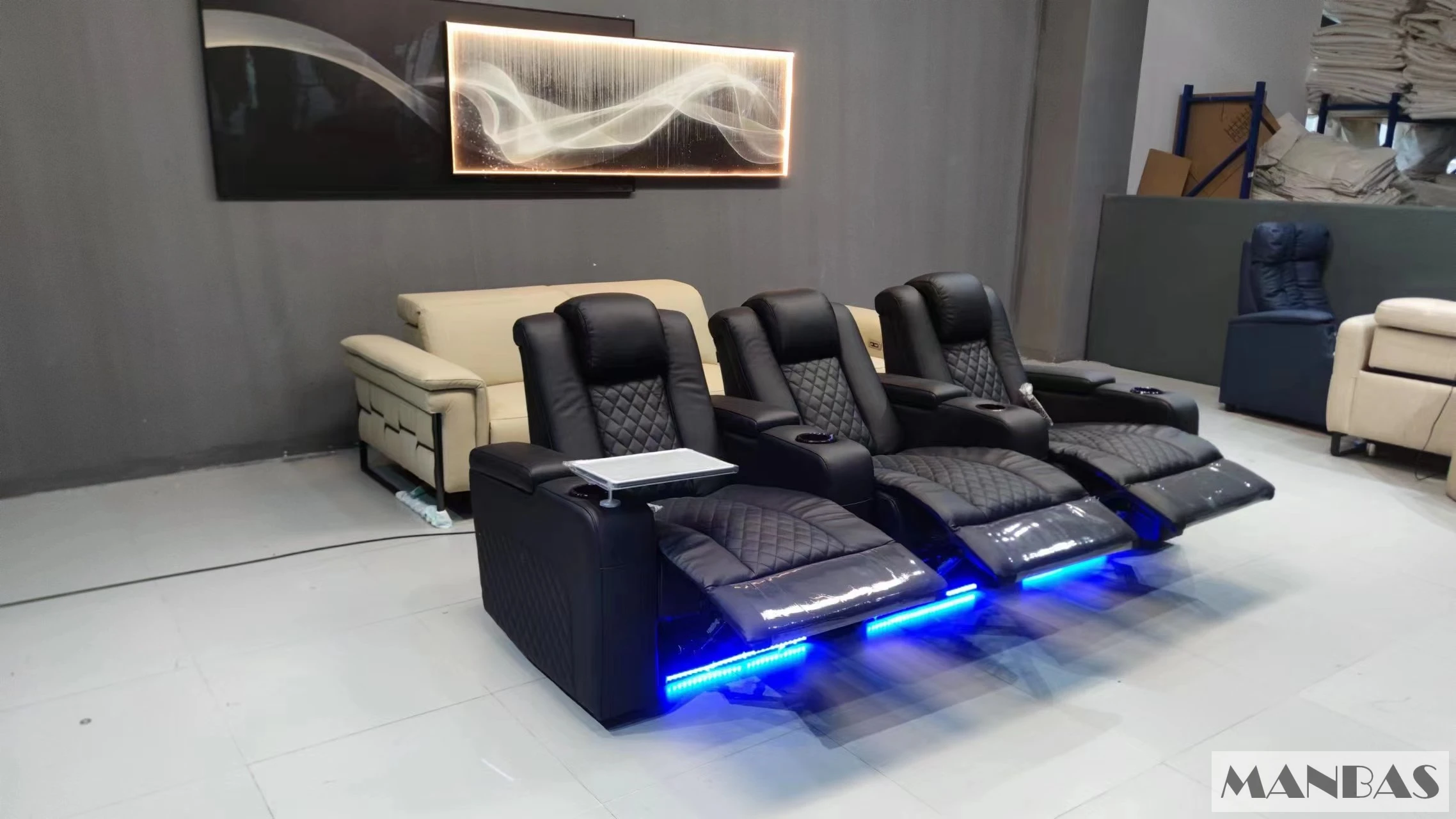 MINGDIBAO Leather Sofa Seating Room with Dual Motors, Massage, Electric Reclining and Refrigeration Cup Holder Theater 3 Seaters