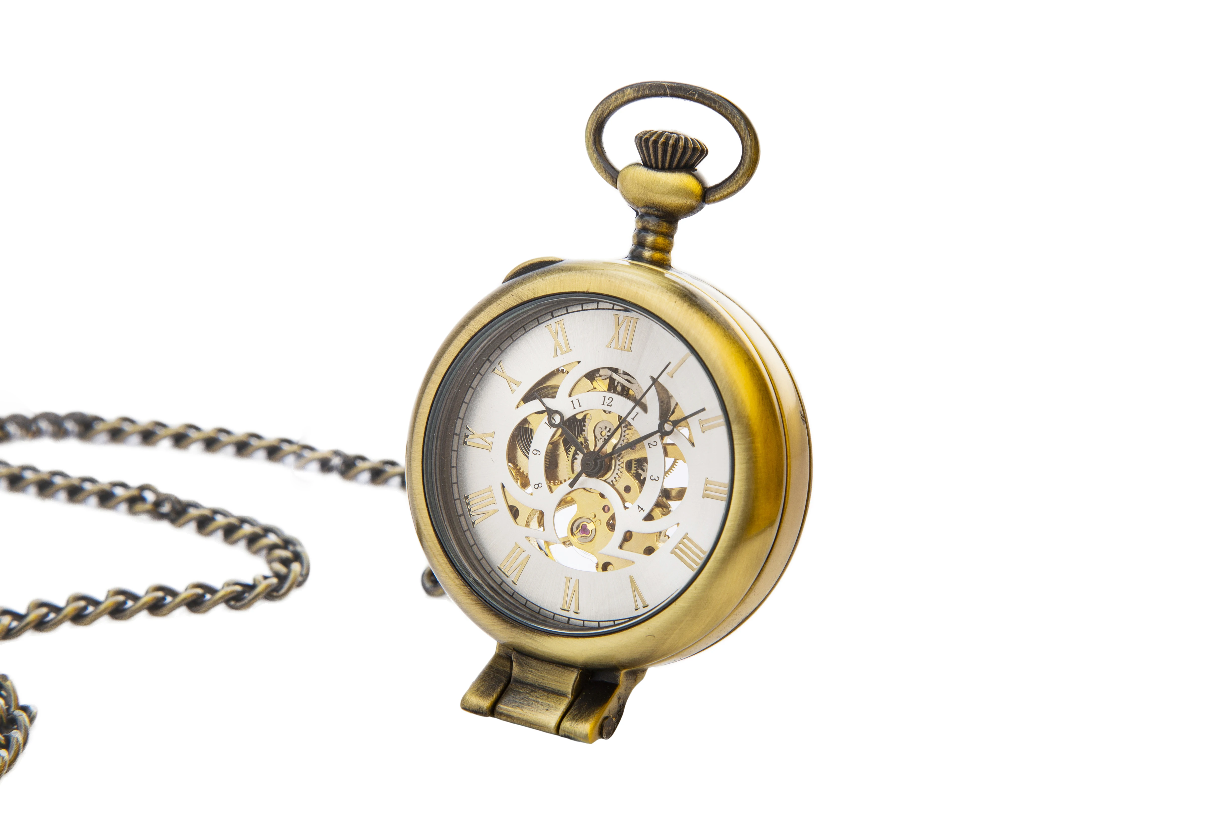 ساعة جيب ميكانيكية برونزية مع زجاج، تعمل كعدسة مكبرة مع سلسلة جريئة تجعل هذه ساعة الجيب لكل منها