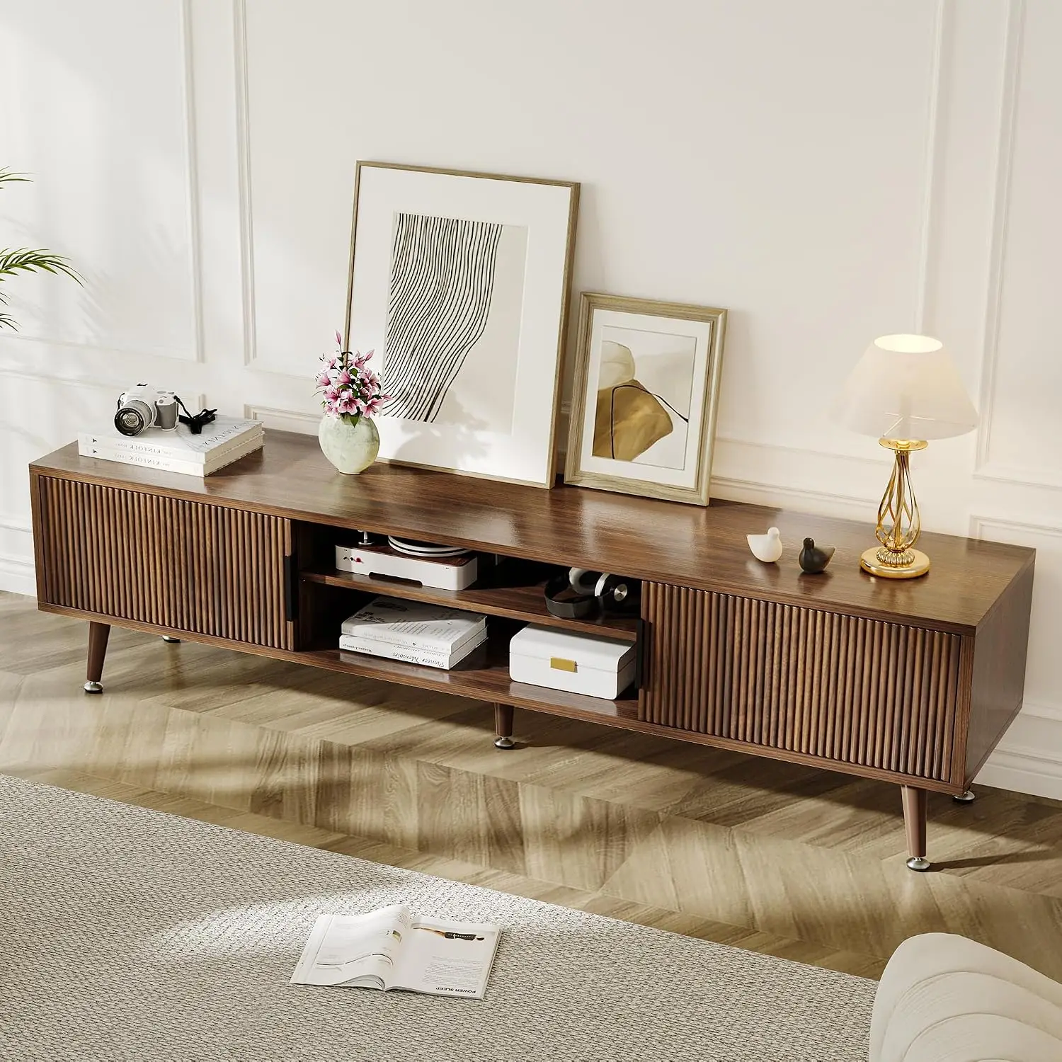 Mid Century TV Stand Console 70 Inch Entertainment Center Storage Living Room Home Office 62 Inch Walnut, Customized
