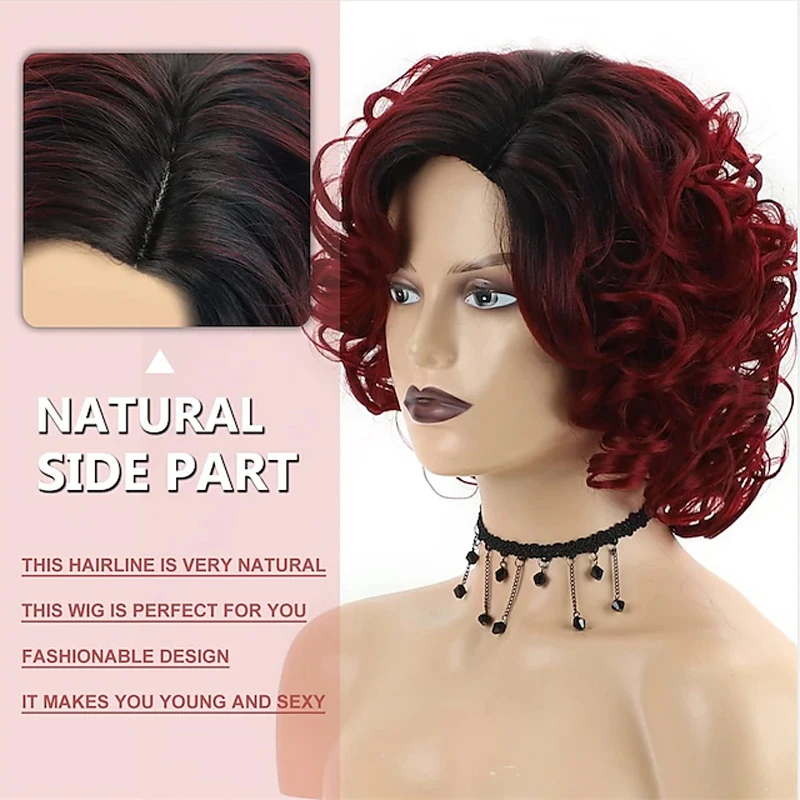 HAIRJOY Synthetic Hair Short Burgundy Curly Wigs for  Women Ombre Wine Red  Short  Wig