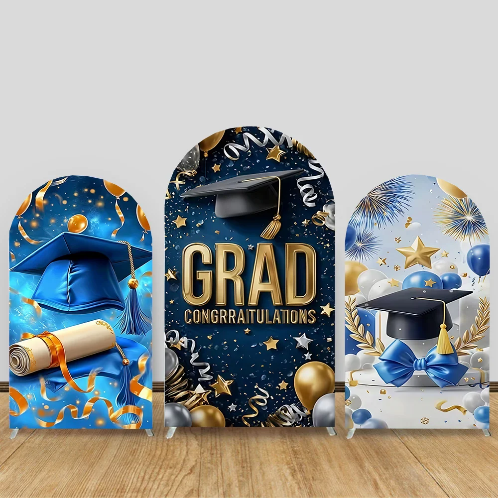Royal Blue Gold Grad Cap Diploma Graduation Arch Backdrop Cover Spandex Fabric Party Decor Photo Booth Background