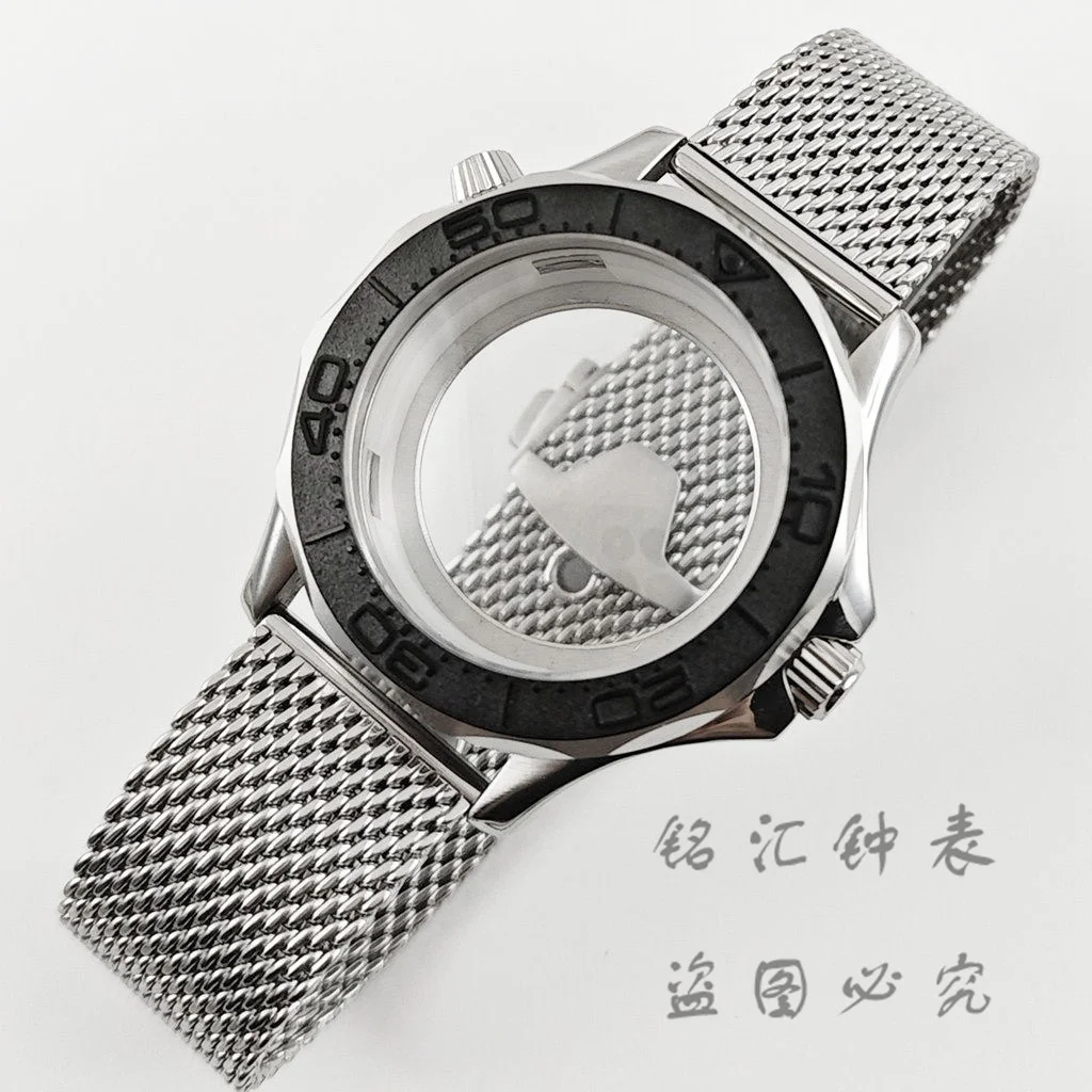 NH35 41mm Gehäuse und Mesh-Armband mit schwarzer Keramik-Seahorse-Lünette für Seamaster 300 600 Uhr, passend für NH34 NH35 NH36 NH38 NH70 Uhrwerk