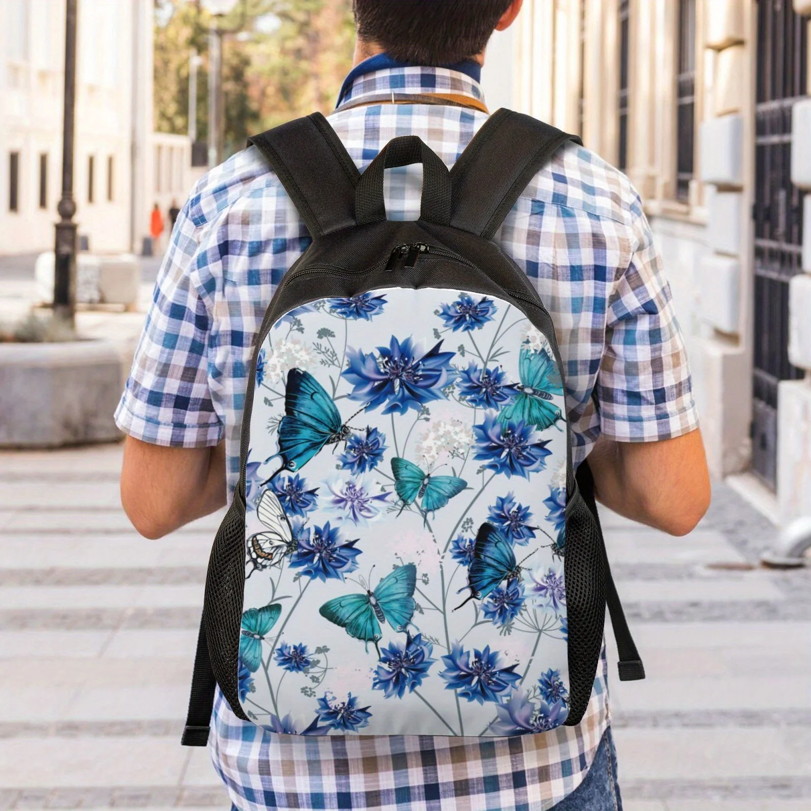 Lightweight and adjustable black backpack, unisex butterfly blue flower printed backpack