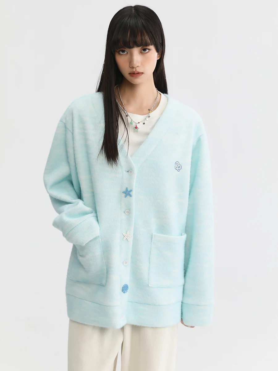 

Pink Cloud adient V-Ne Knitted Cardigan Casual Loose Fit Furry Outerwear Women's Spring Long Sve Top