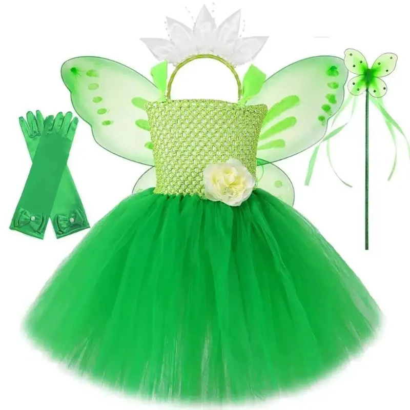 Green Lotus Flower Fairy Costume for Girls Frog Princess Dresses with Glittery Wings Kids New Years Carnival Ballet Tutus Outfit