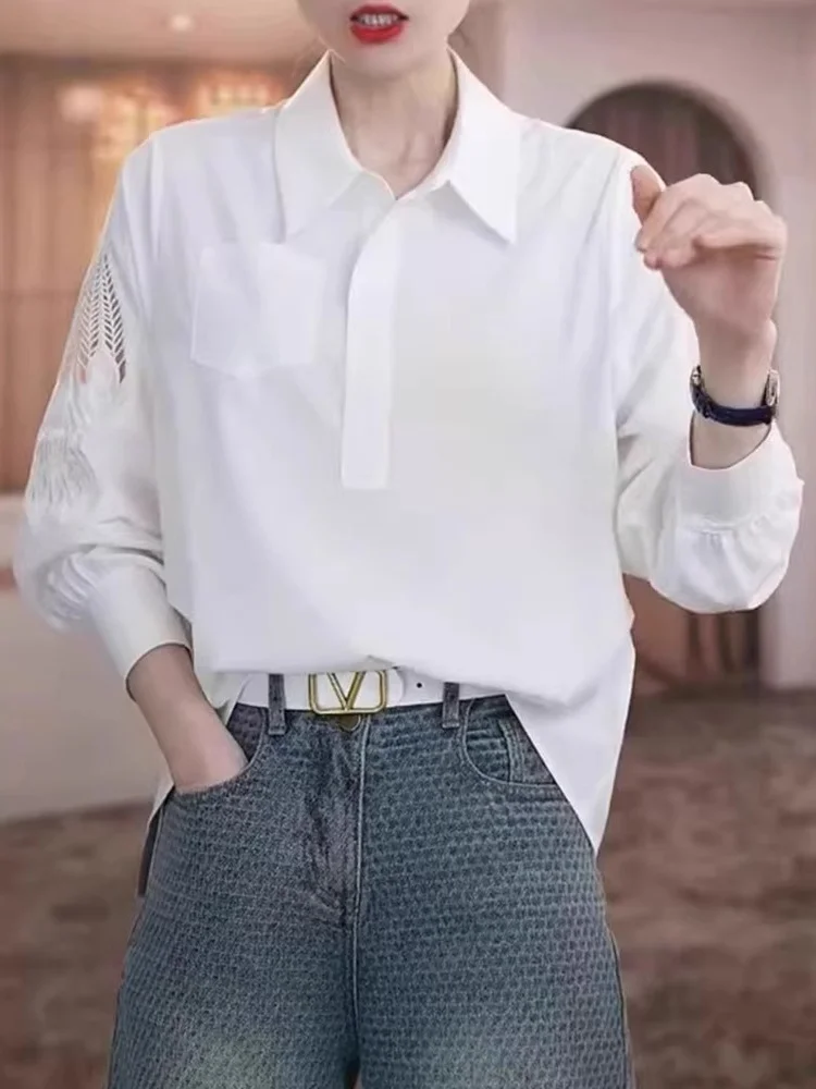 

Женская блузка из шифона с вышивкой и ажурным воротником, на пуговицах, свободного кроя, в корейском стиле