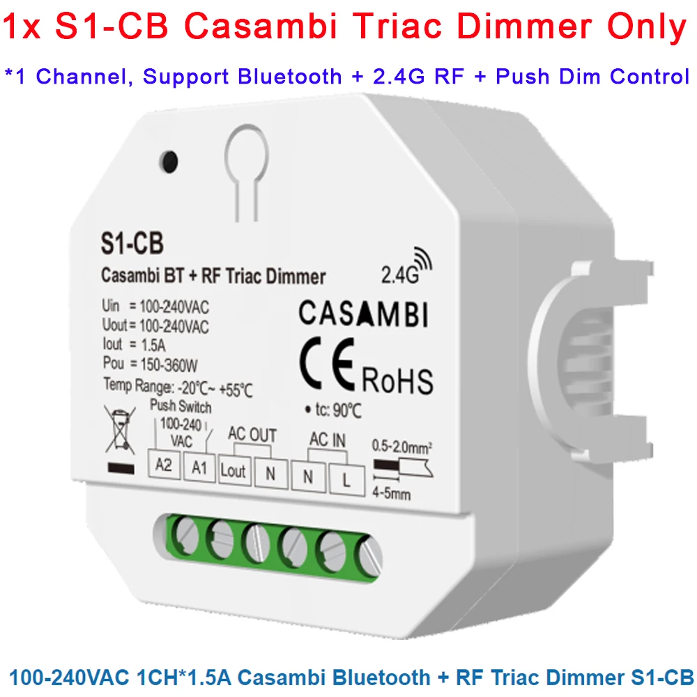 Skydance S1-CB Casambi Bluetooth 2.4G RF Triac Dimmer APP Controle Helderheid Verstelbare Drukschakelaar Dimmen AC220V 110V 1CH * 1.5A