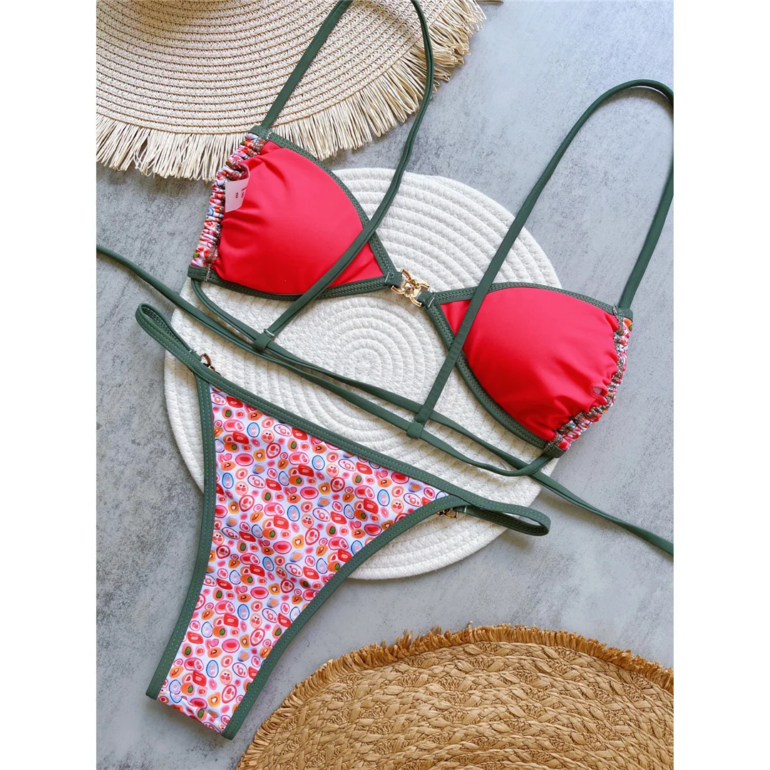 Bedruckter, mit Strasssteinen besetzter, hoch geschnittener Bikini, Damen-Badebekleidung, zweiteiliger Bikini, Badeanzug, Badebekleidung, Modell V6153. – Detail 9