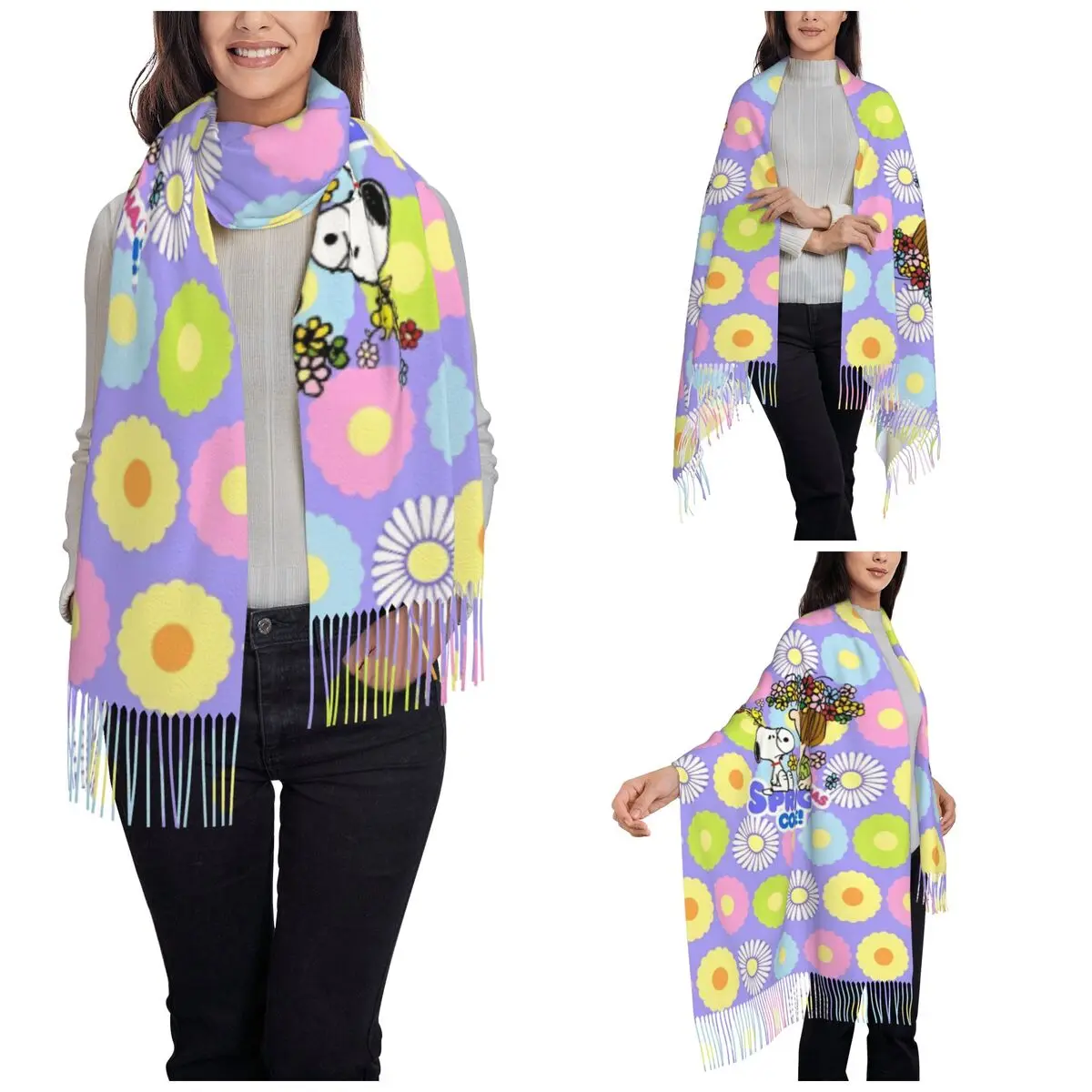 Womens Scarf with Tassel Snoopys Welcoming Spring's Bloom Large Winter Warm Shawl and Wrap Daily Wear Cashmere Scarf