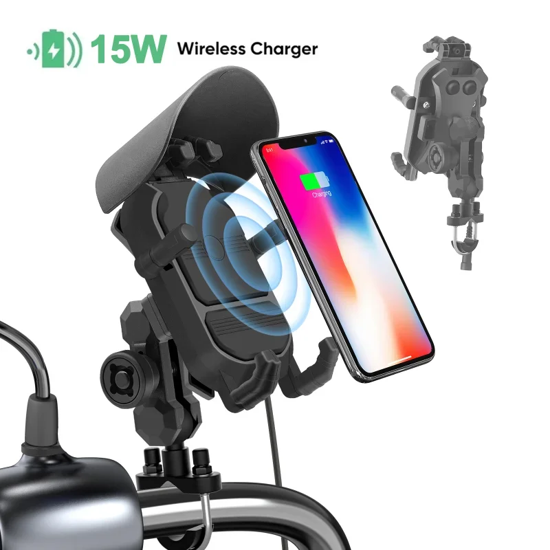 

12V Motorcycle Shock Absorber Phone Holder 15W Wireless Fast Charger Bracket Sunshade Anti-theft Holder Shockproof Phone Stand