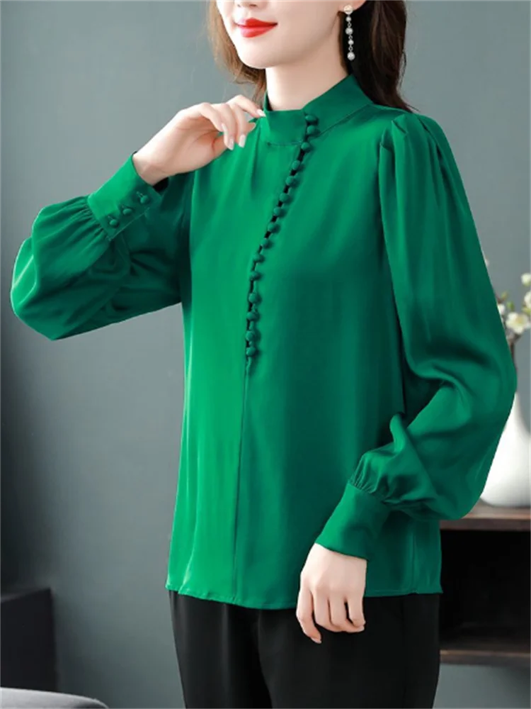 Silk Blouse Women Shirt Chinese Style Button Up Top Casual Woman Blous Retro Plate Buckle Shirt Stand Collar Loose Female Shirt