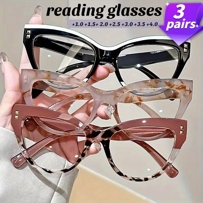 3-Pack of New Stylish Cat-Eye Color-Blocked High-Quality Women's Trendy Elegant Luxury Reading Glasses, High-End Youthful Artistic Ultra-Light Anti-Blue Light Reading Glasses, Computer/Tv/Mobile Phone Reading Glasses, Fashionable and Comfortable for Daily Wear