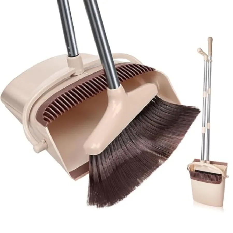 

Broom and Dustpan Set Long Handle Stand Up Broom and Dust Pan Combo Self-Cleaning with Dustpan Teeth IndoorandOutdoor Sweeping