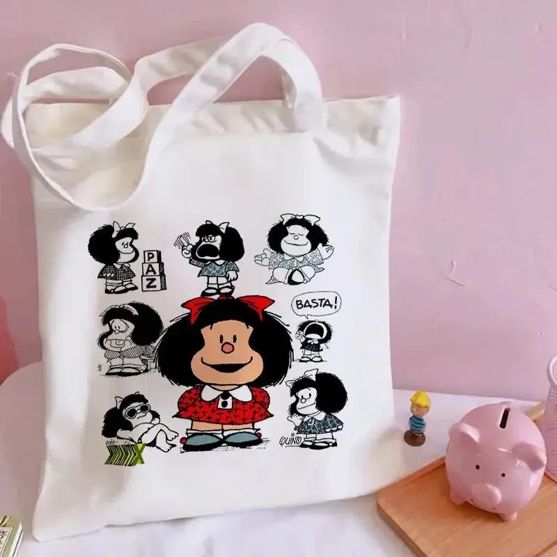 Kawaii Shoulder Bags Mafalda Cute Anime Women Large Capacity Graphic Shopping Bag No Zipper Girls Canvas Casual Eco Tote Handbag