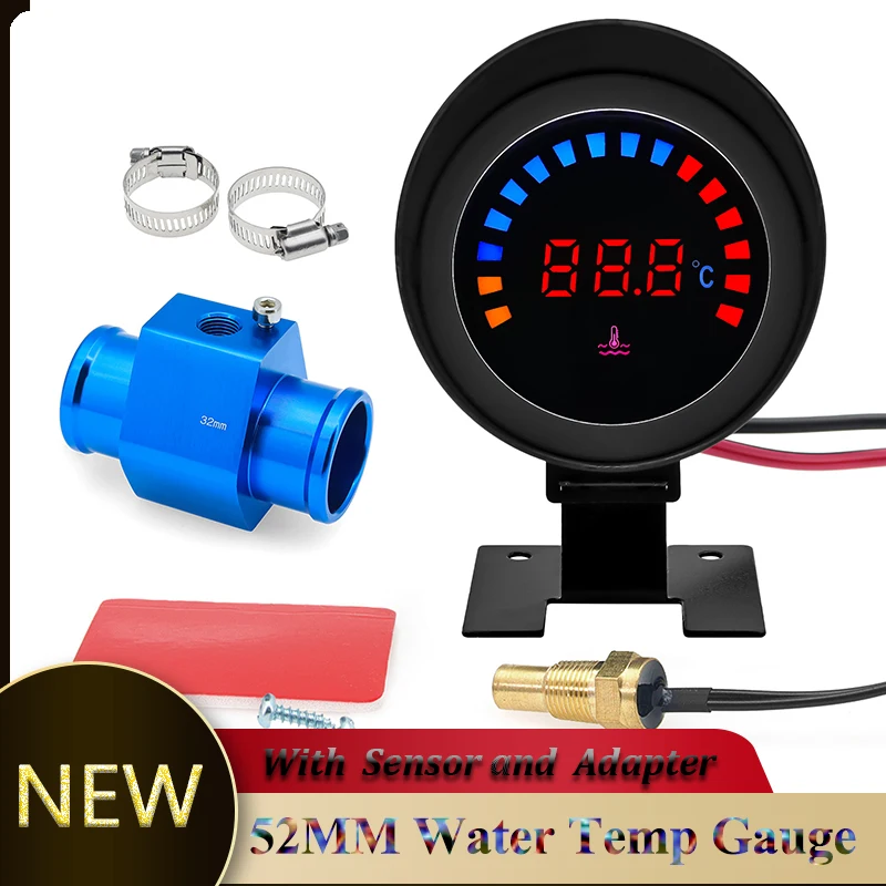 52MM Wskaźnik temperatury wody 12 ~ 24V LCD Cyfrowy termometr wody z czujnikiem + adapter Radiator rurowy do samochodu motocykla