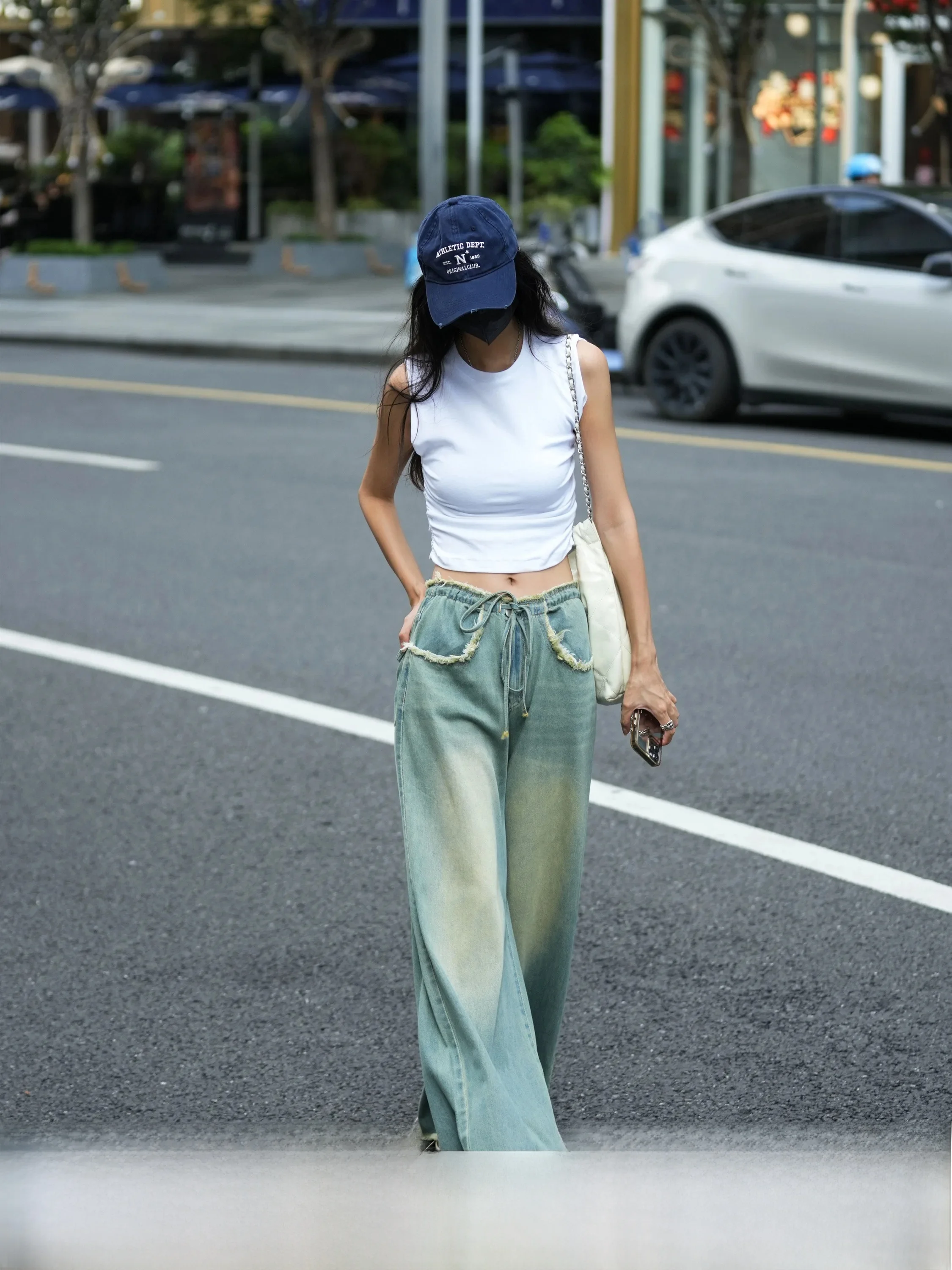 

Luna7xi Retro Washed Frayed Hem Denim Jeans Women's Spring New Design Casual Wide Leg Pants Long Trousers High Waist Cotton S...
