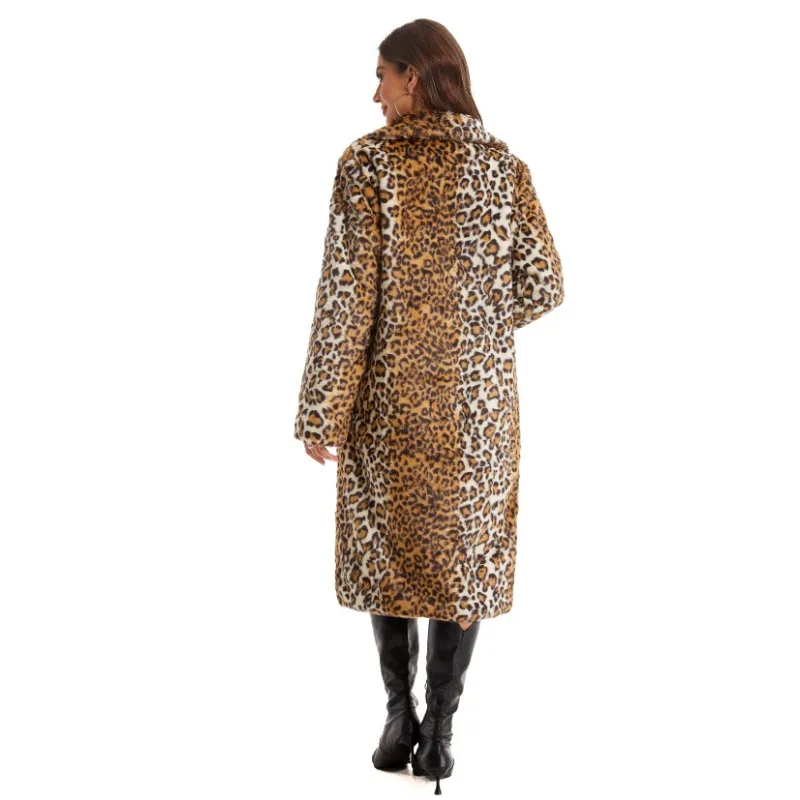 Leopard Faux Fur Thick Warm Rabbit Fur Plus Size Long Faux Fur Women's Coat - view 5