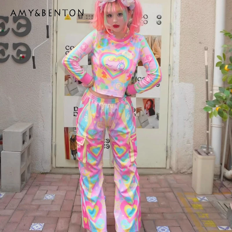 

Original Japanese Design Sweet Cool Girl Y2k Love Colorful Women's Sweater 2026 Spring New Casual Sports Trousers Suit Ladies