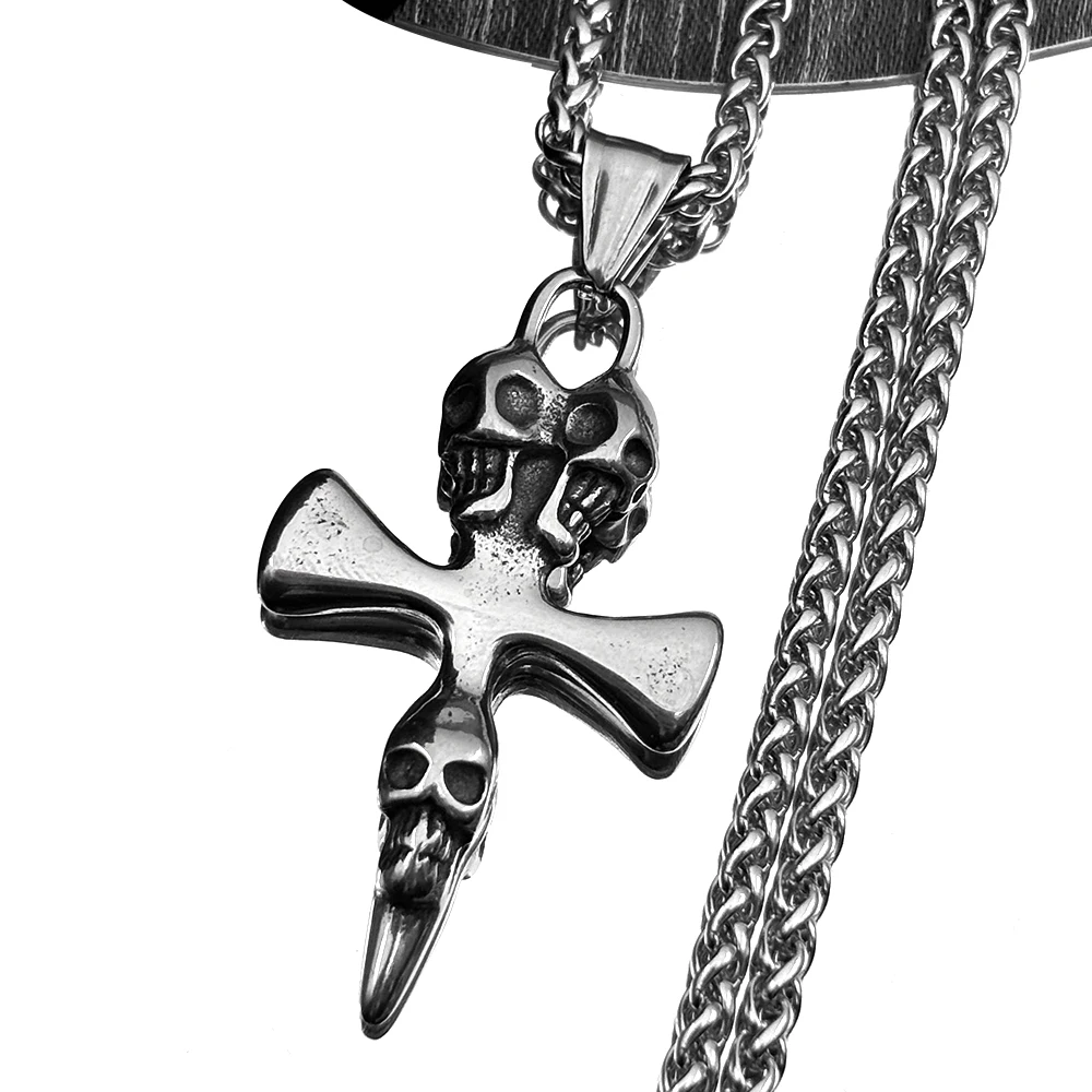 Fashion Skeleton Skull Cross Chain For Women Men Stainless Steel Black Dark Punk Heavy Metal Pendant Necklace Jewelry Gifts