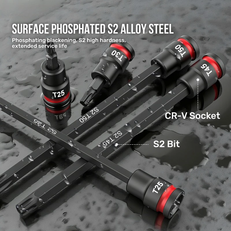 24 Pz 3/8 "Set di bussole a impatto T10-T60 Set di bussole Torx Set CR-V Chiave a bussola 150mm Presa estesa Strumento manuale Anello colorato