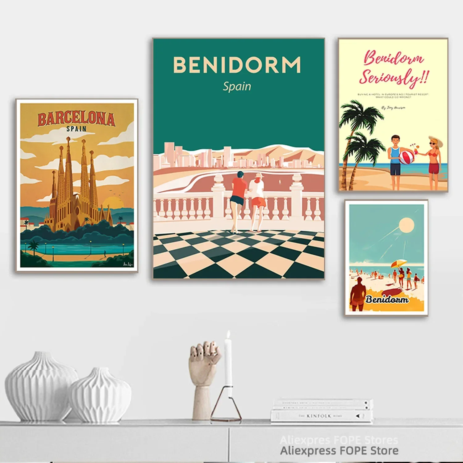 Póster de viaje de Benidorm España, arte de pared, carteles de lienzo e impresiones, pintura de lienzos, decoración del hogar