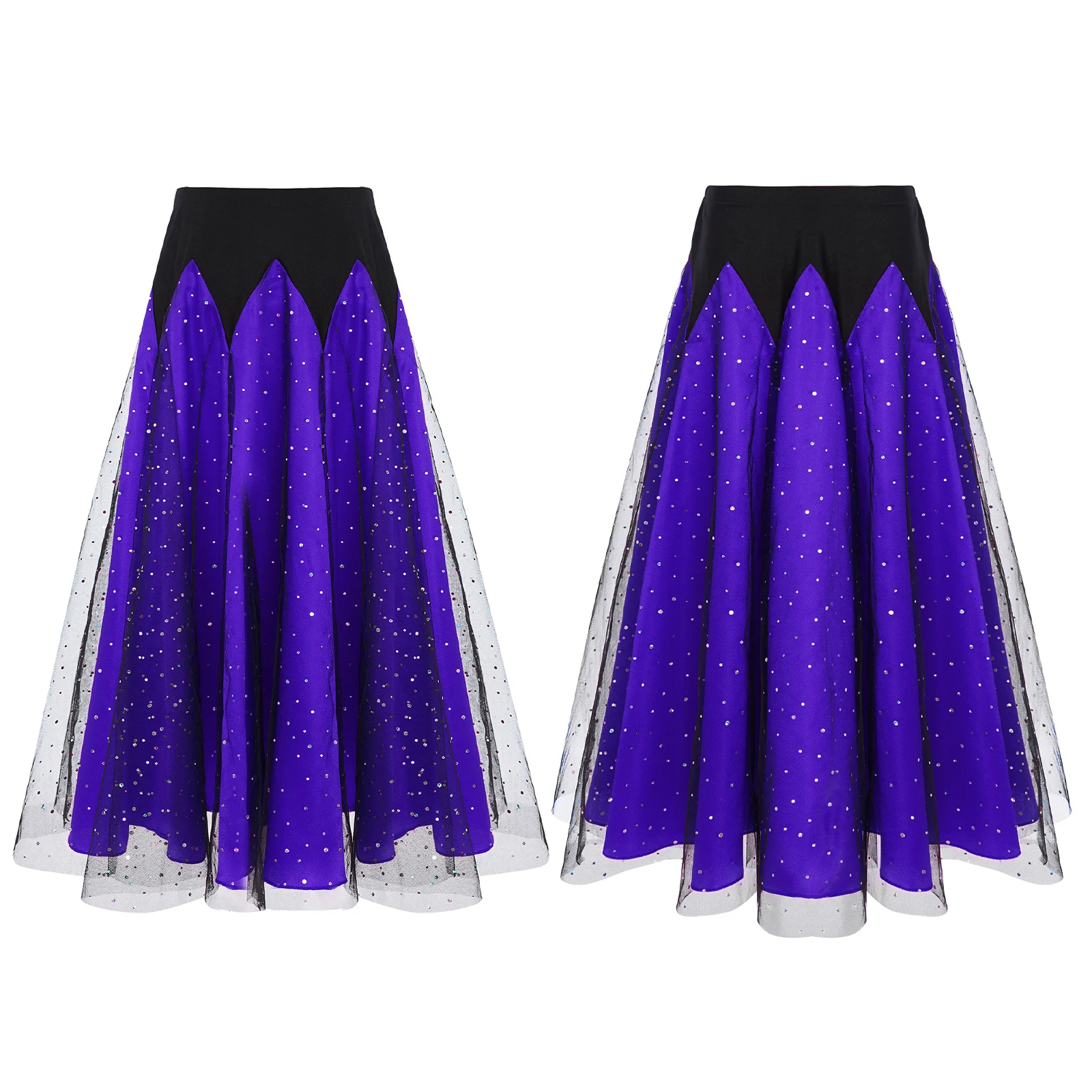 

Kids Girls Waltz Ballroom Dance Skirts Elastic Waistband Glittery Sequins Color Block Ruffled Tulle Skirt for Modern Dance Wear