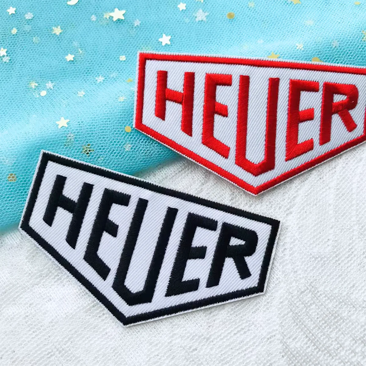 Polygonal letters HEUER embroidered self-adhesive patch, two colors, DIY backpack, hat, pants, jacket decoration 10pcs